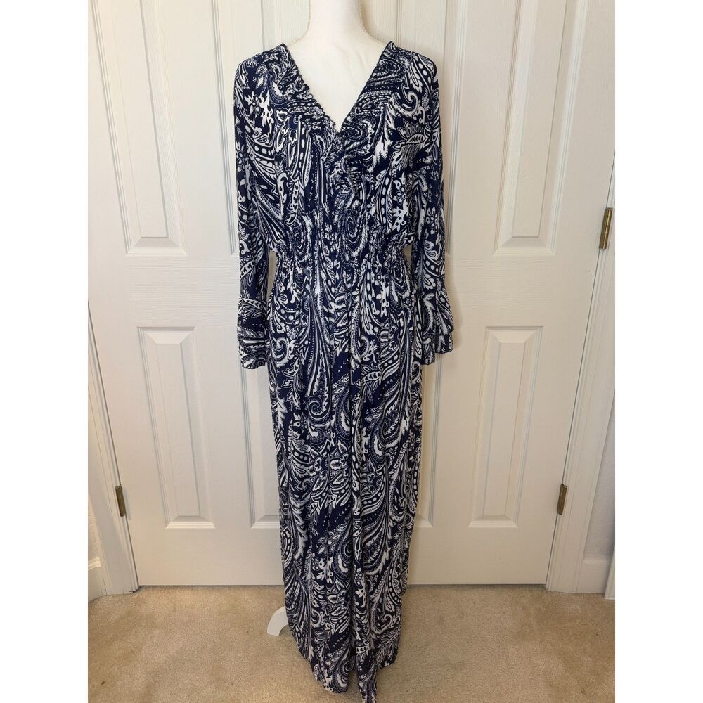 Blue and White Paisley Maxi Dress Bell Sleeve Deep V Size 3x